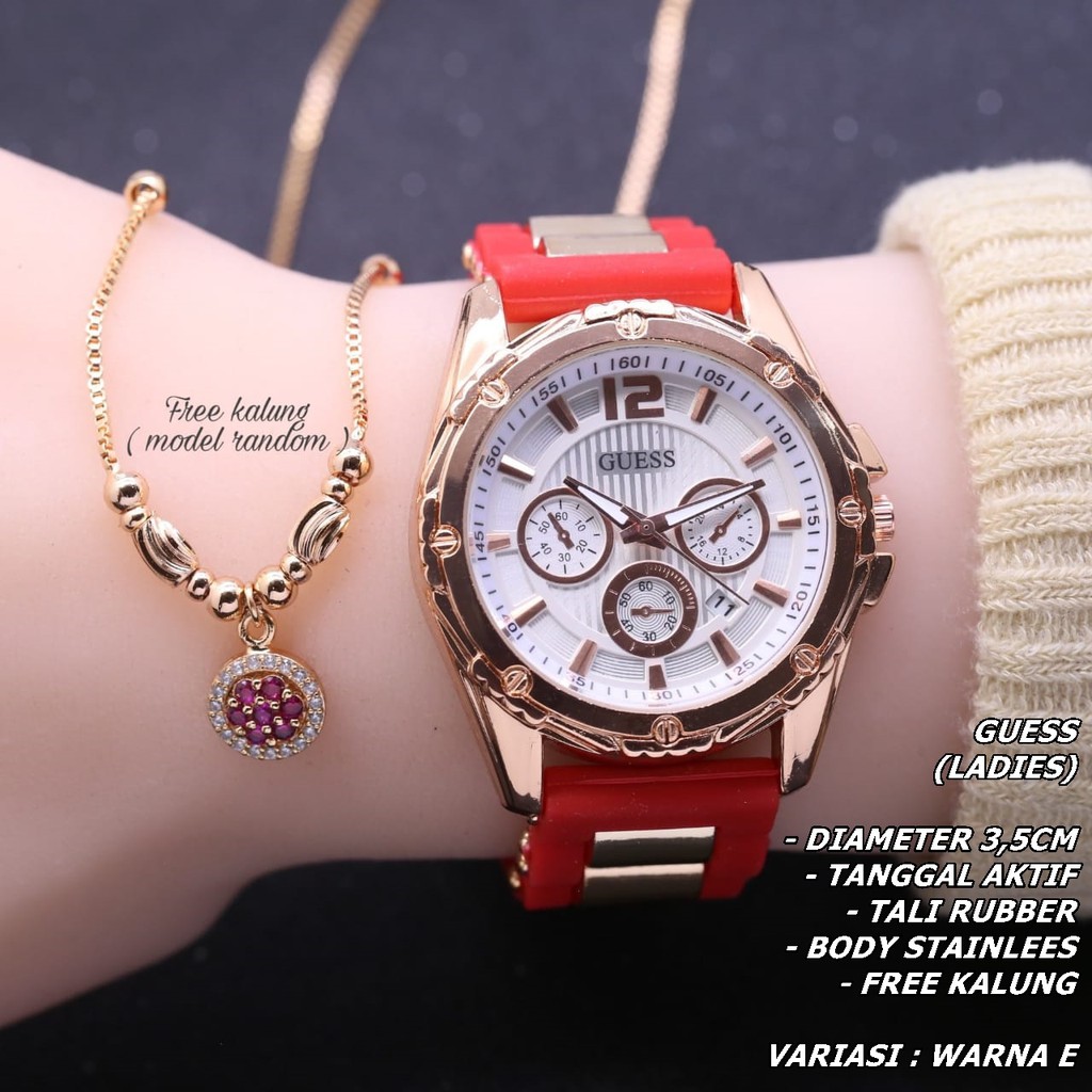 JAM TANGAN WANITA GUESS TALI RUBBER BODY BULAT TANGGAL AKTIF FREE KALUNG