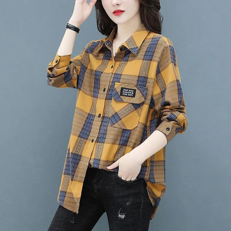 2021 spring and autumn new loose and thin plaid shirt for women with foreign style aging jacket for