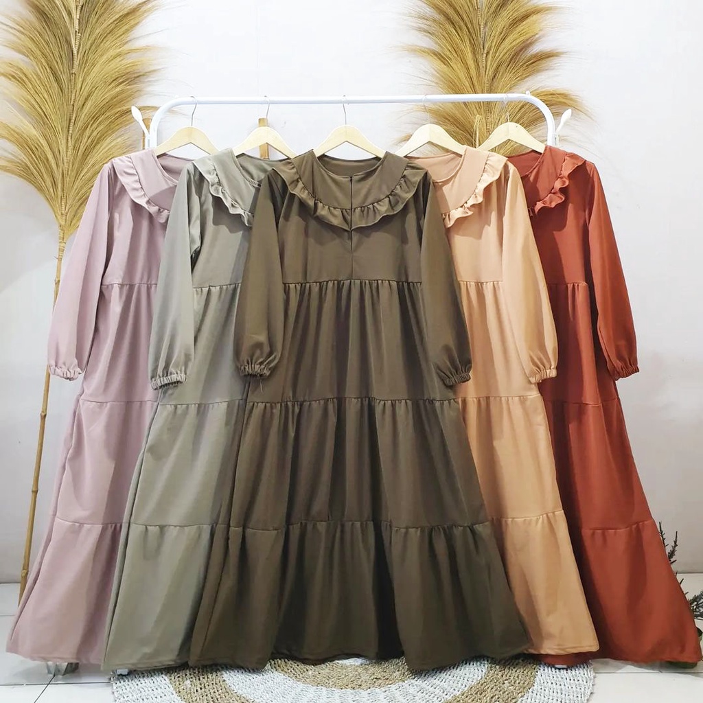 Gamis rumbai busui model rample 3 susun motif polos bahan voxy merk sincia