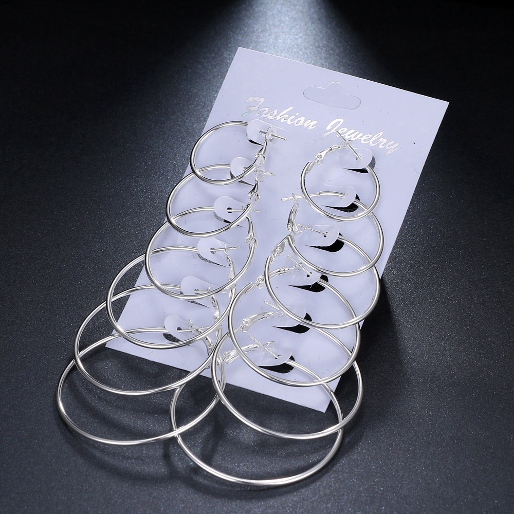 6 Pasang / Set Anting Bulat Besar Minimalis Warna Gold / Silver untuk Wanita