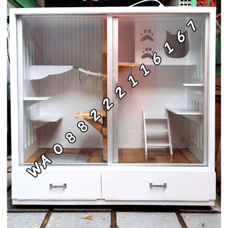 Cat quarium kandang kucing kayu kaca