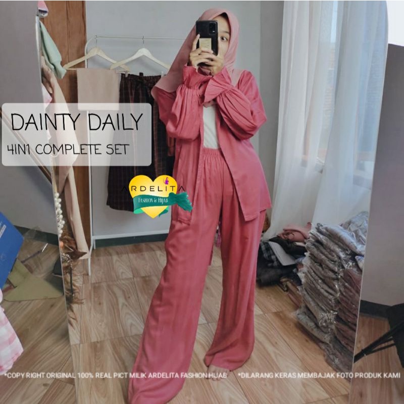 ORI PAKET OOTD 4IN1 HEMAT LENGKAP DAINTY DAILY COMFY WEAR SET / SETCEL WANITA NYAMAN DIPAKAI / BAJU SETELAN WANITA HIJAB BAHAN KATUN RAYON / BAJU WANITA MODEL TERBARU KEKINIAN / HOME DRESS KEREN NYAMAN GAYA