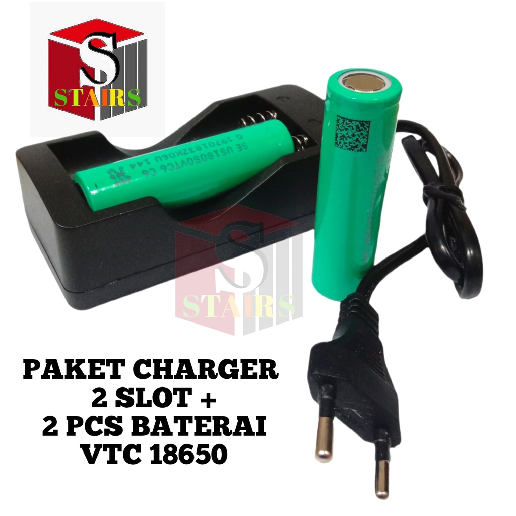 Paket Casan 2 Slot + 2 PCS Baterai VTC 18650 3000mAh 3.7V Warna Hijau FLATTOP