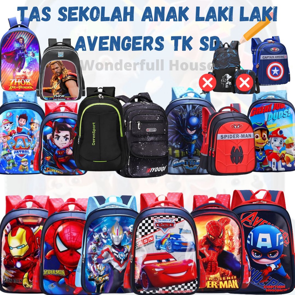 Tas Sekolah Anak Sekolah Laki-Laki Tas Ransel Tas Spiderman Tas Captain America Tas Mc Queen Tas Paw Patrol Tas Avangers Tas Ultraman Tas Batman SD TK Tas Les Terbaik