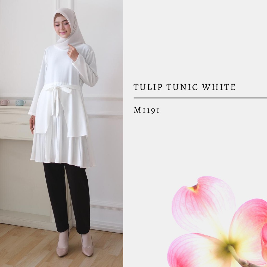 BAJU ATASAN PUTIH POLOS LENGAN PANJANG TUNIK PANJANG PLISKET TALI SAMPING TULIP M1191