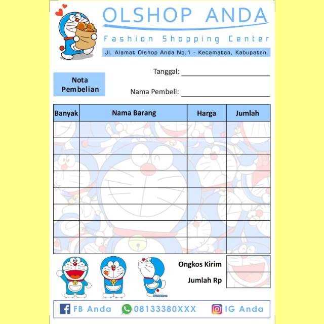 Nota Penjualan Pembelian Custom Toko Olshop Online Shop Karakter Kartun Doraemon Lucu Imut Murah