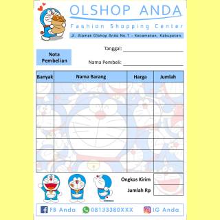 Nota Penjualan Pembelian Custom Toko Olshop Online Shop Karakter Kartun Doraemon Lucu Imut Murah