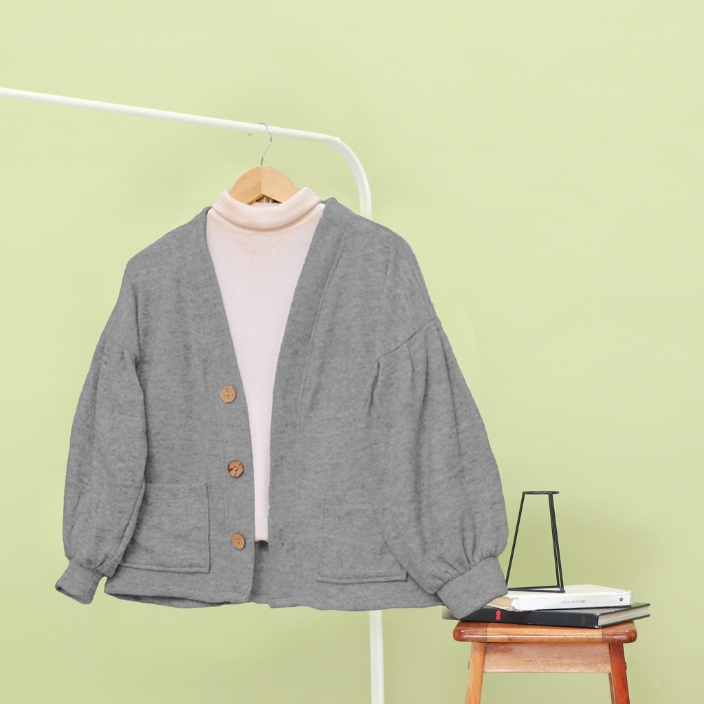 Sweater wanita model kardigan outer Lengan Puffy Pakaian wanita Casual korea-Cardigan Drakgray