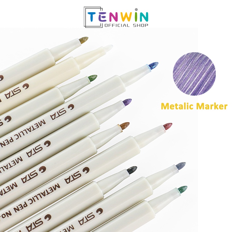

Metallic Brush Pen Spidol Warna Pena Kuas Metalik Kaligrafi Dekor -Tenwin