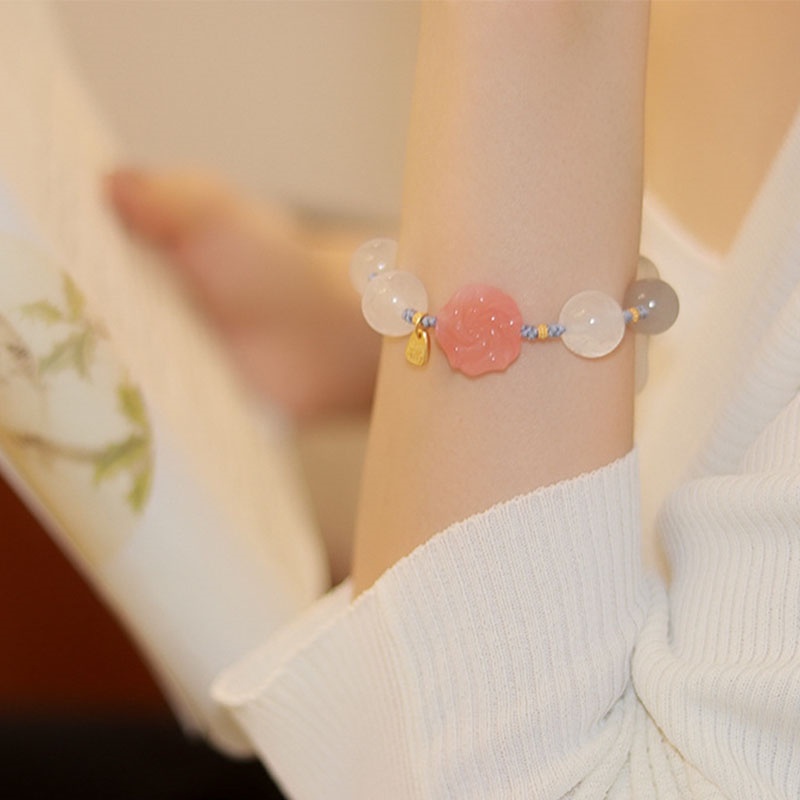 Gelang Manik-Manik Giok Hetian Peach Blossom Natural Gaya China Untuk Wanita