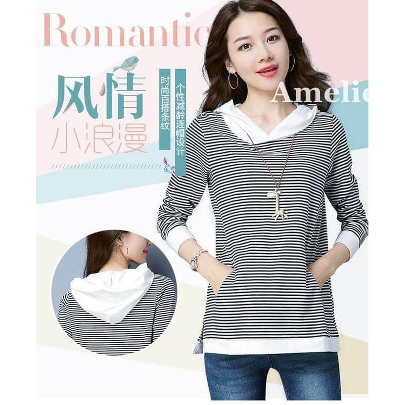 NEW KOREAN IMPORT Baju Atasan Blouse Sweater Hoodie Wanita Garis Korea Import Tunik
