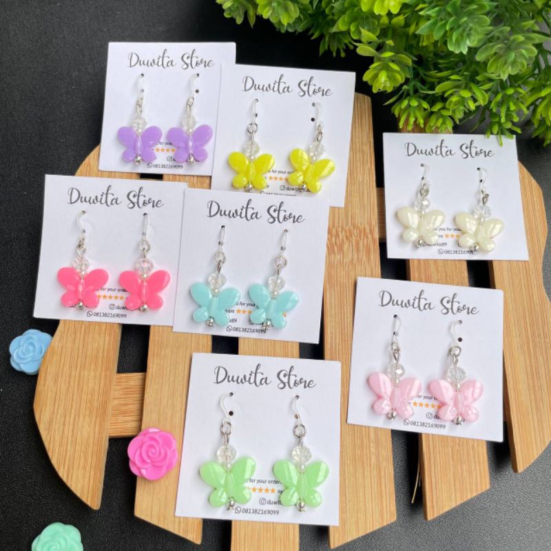 HANDMADE ANTING ANAK/DEWASA KAITAN PLASTIK MOTIF KUPU2 PASTEL