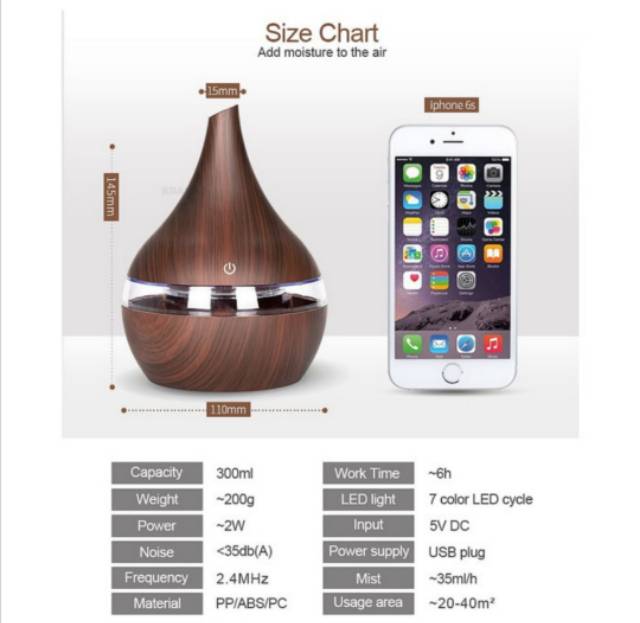 Ultrasonic Air Humidifier Aromatherapy Wood Grain 300 ml coklat muda harga promo