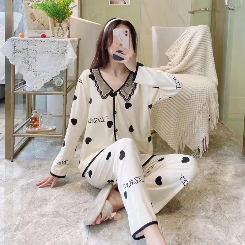 baru houndstooth piyama/baju lengan panjang + celana setelan homewear