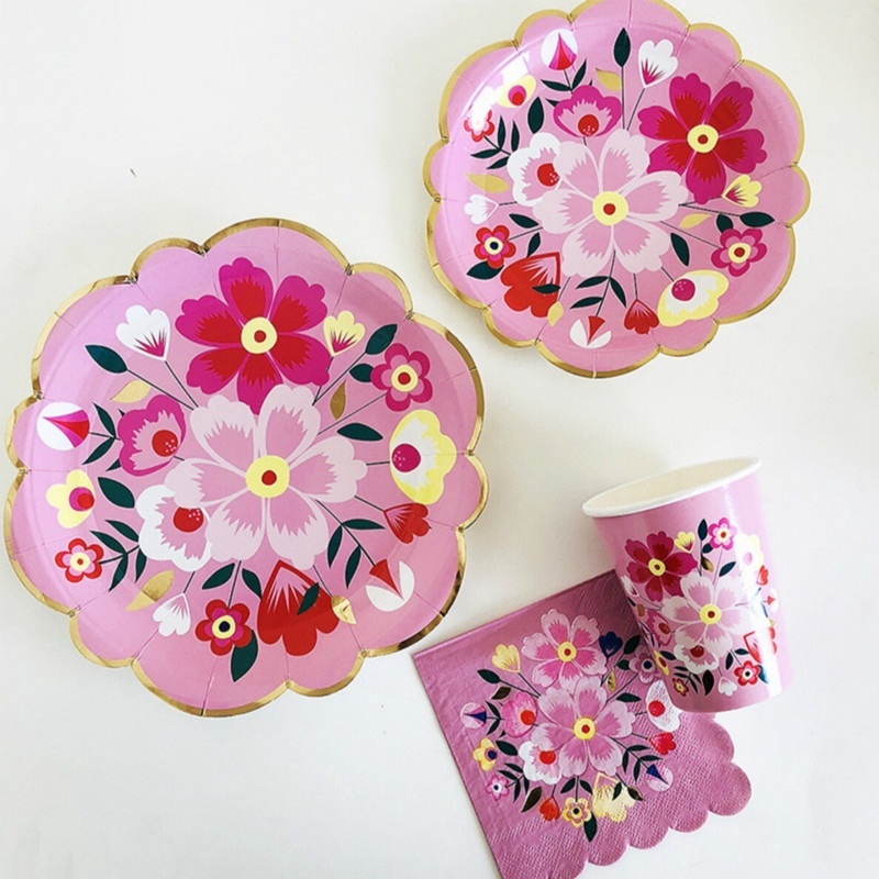 Chinese Series Paper Plates Paper Cups Napkins Flower Pattern Tableware Afternoon Tea Cake Plate