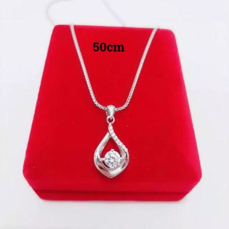 KALUNG ITALY 50CM LIONTIN PERMATA PERAK 925 LAPIS EMAS PUTIH / PERHIASAN KALUNG SILVER WANITA  / PER