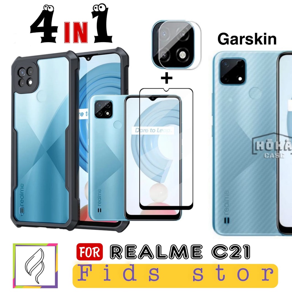 PROMO 4in1 REALME C21 Case Shockproof + Tempered Glass + Anti Gores CAMERA Free GARSKIN Carbon