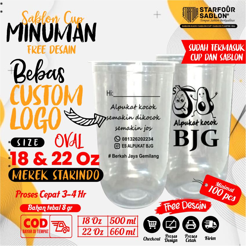 Sablon Gelas Cup Plastik Oval Ukuran 18 Oz - 22 Oz Merek Starindo - Minimal Order 100 Pcs - Bahan Te