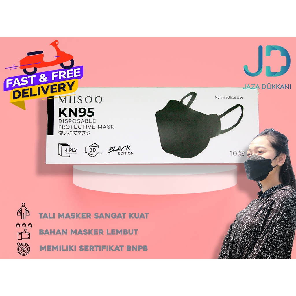 MIISOO Disposable EVO Hitam KN95 BFE 95% Masker Kesehatan wajah 4ply Facemask KF94 IZIN BNPB