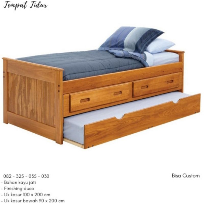 tempat tidur double kayu jati jepara minimalis, ranjang kayu dobel multifungsi 2 tingkat