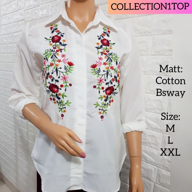 KEMEJA BORDIR BUNGA FASHION CEWEK KATUN PUTIH BORDIRAN IMPORT BKK FASHION WANITA BORDIR KOMPUTER SUL