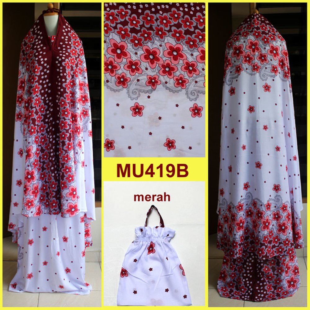 Jual Mukena Bali Dasar Putih Motif Bunga Sakura Semi Jumbo   MU419B Merah Berkualitas