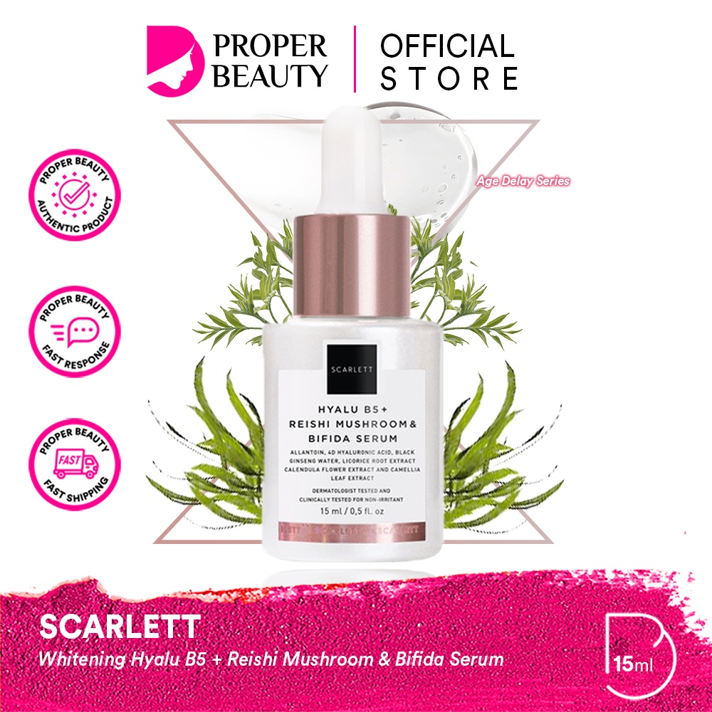 SCARLETT Whitening Hyalu B5 + Reishi Mushroom &amp; Bifida Serum Indonesia / Age Delay Series Skincare Anti Aging / Face Care Essence Wajah / Cleanser Facial Wash Toner Day Night Eye Cream Moisturizer Sunscreen Mask / Body Lotion Brightly Acne Package Paket