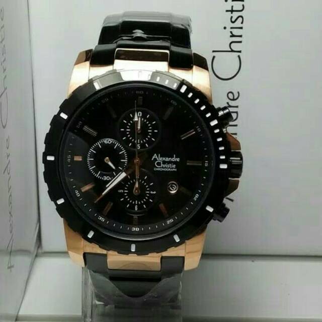 JAM TANGAN PRIA / COWOK ALEXANDRE CHRISTIE ROSE GOLD BLACK TALI RANTAI ORIGINAL - HITAM AC 6141 LAKI