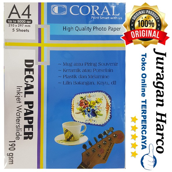 

Coral Decal Paper Inkjet Waterslide A4 5 sheets 190 gsm