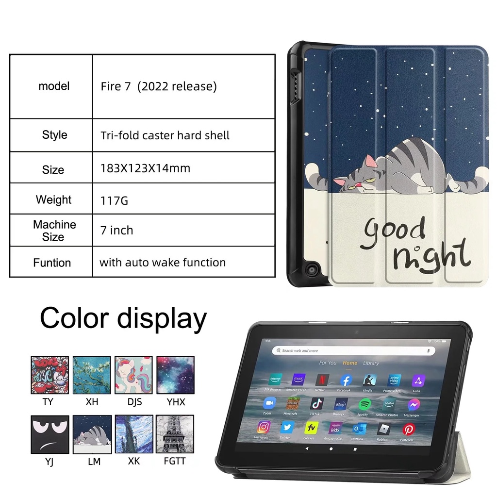 Casing Untuk Amazon Fire7 (2022) 7.0 &quot;Fire7 2022tablet Stand Case Fashion Motif Dicat Tiga Lipat Custer Flip Book Holder Leather Cover