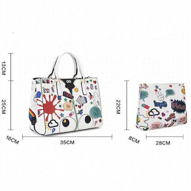 Tas Wanita Totebag Fashion Set Hitam Dan Putih motif Print Karakter