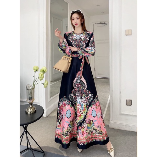 SALE!!! DRESS MAXI ESTILO ELEGAN IMPORT / IVORY ORI BKK-hitam pink cantik
