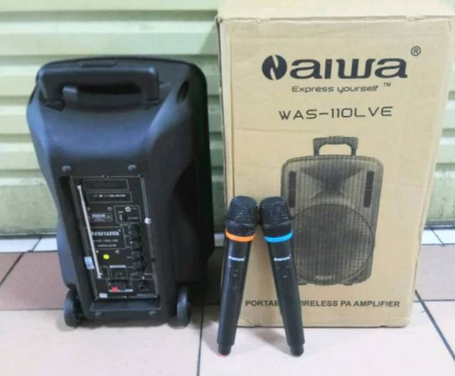 Speaker Portable Aiwa 10 inch Bluettoh usb radio baterai recharge free 2 mic wirelles