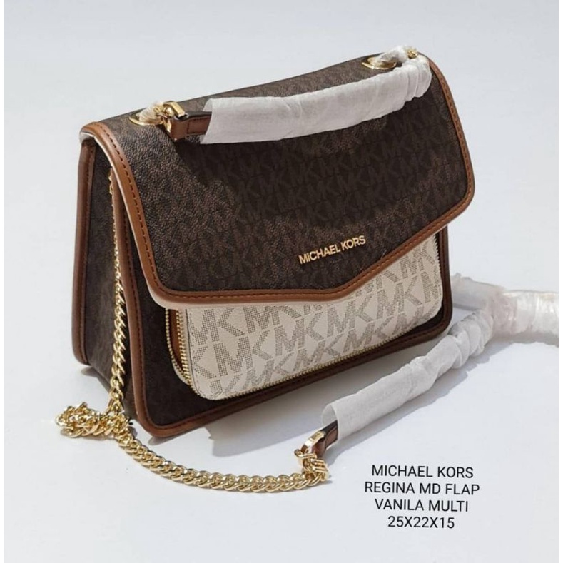 ORIGINAL MICHAEL KORS MK REGINA MEDIUM FLAP VANILLA MULTI