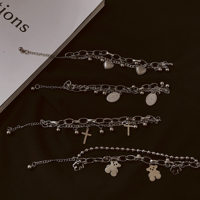 AY(CN) Ifyou Gelang Tangan Rantai Silver Banyak Lapis Aksen Beruang / Hati / Salib Gaya Korea Untuk Wanita