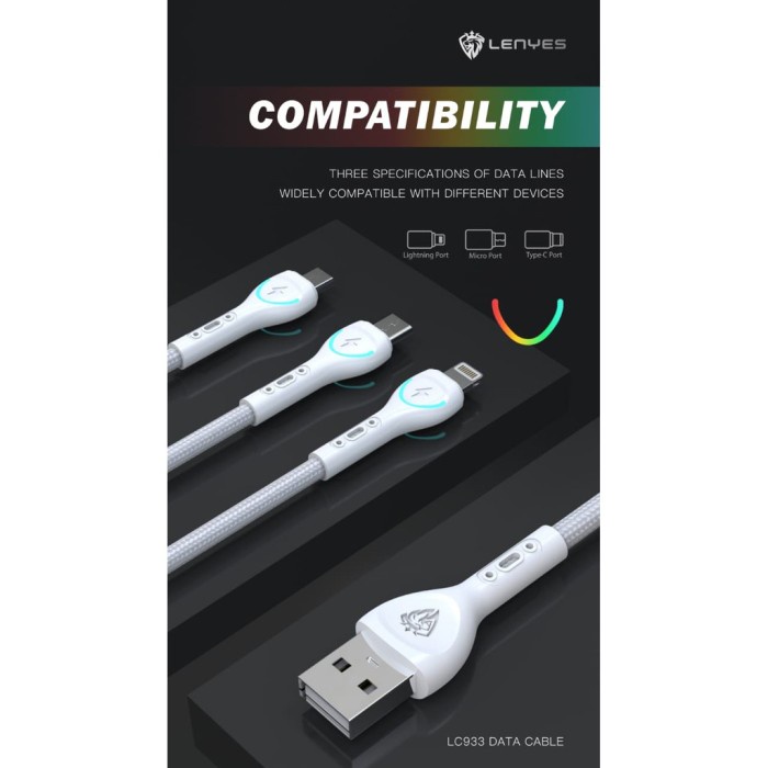 Kabel Data Lenyes Fast Charging Micro Usb Type Tipe C Quick Charge 2.4A Lamp Led Anti Putus Kabel Cas Universal