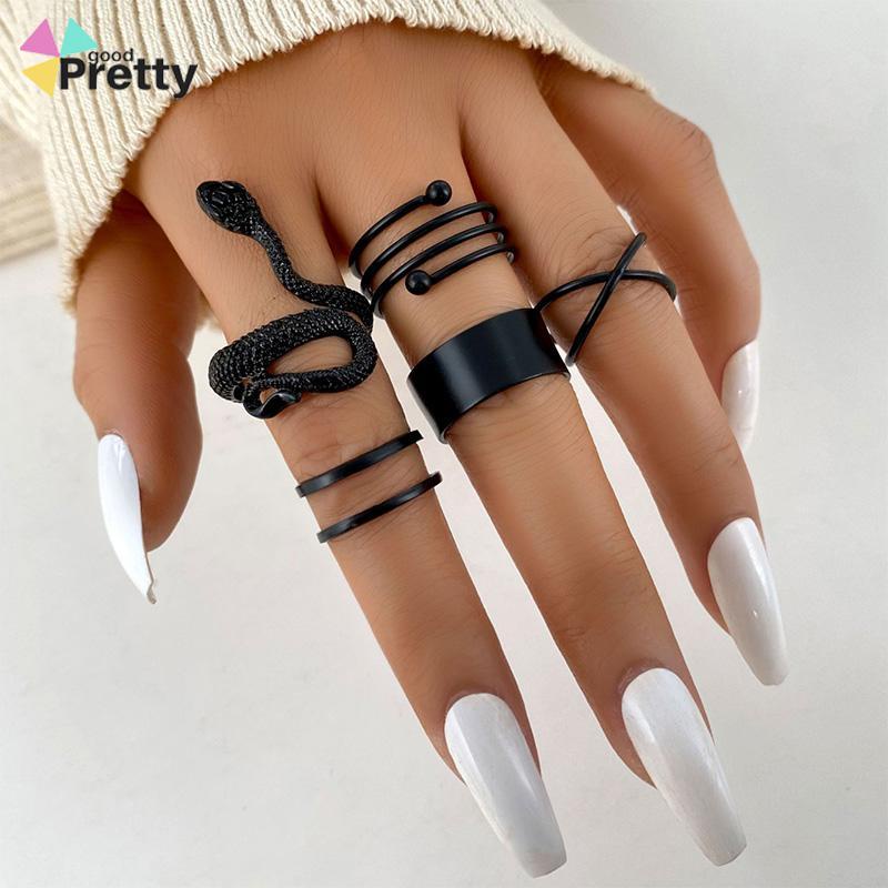 5PCS kreatif ms. Jane cincin wanita menggabungkan cincin ular hitam geometri - PD