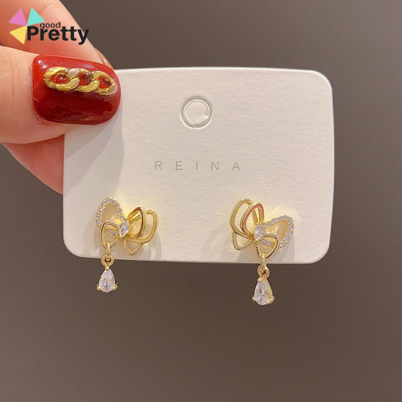 Gaya Korea Kupu-kupu Mutiara Kristal Anting-Anting Fashion Sederhana Anting Busur Elegan Perhiasan Aksesoris - PD - PD