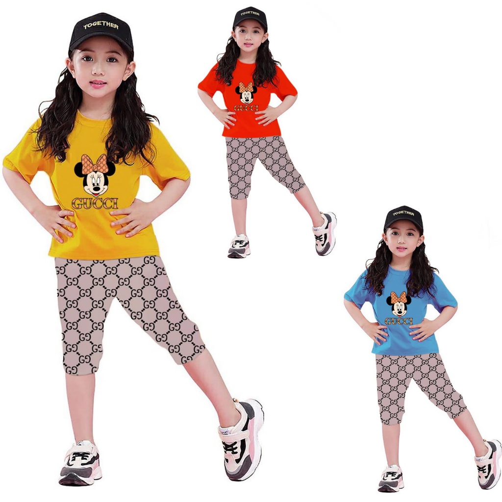 Setelan Anak Perempuan 7/8 / Baju Anak Celana 7/8 Gambar Mickey Gucci