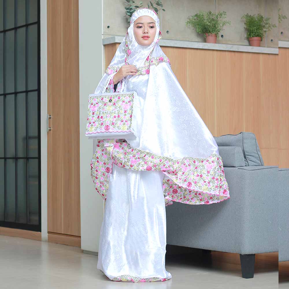 Mukena Motif Inficlo Premium Bahan Semi Sutra Putih Lembut Adem