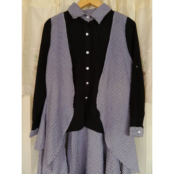 [COD] THRIFT/PL TUNIK 2IN1 KEMEJA HITAM + OUTER KOTAK-KOTAK | KOREAN SET DRESS LENGAN PANJANG ALL IN