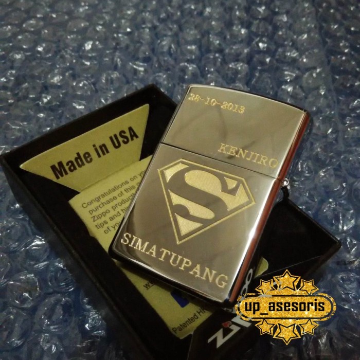 Zippo atau Korek Api Custom Ukir Logo Superman Souvenir Kado