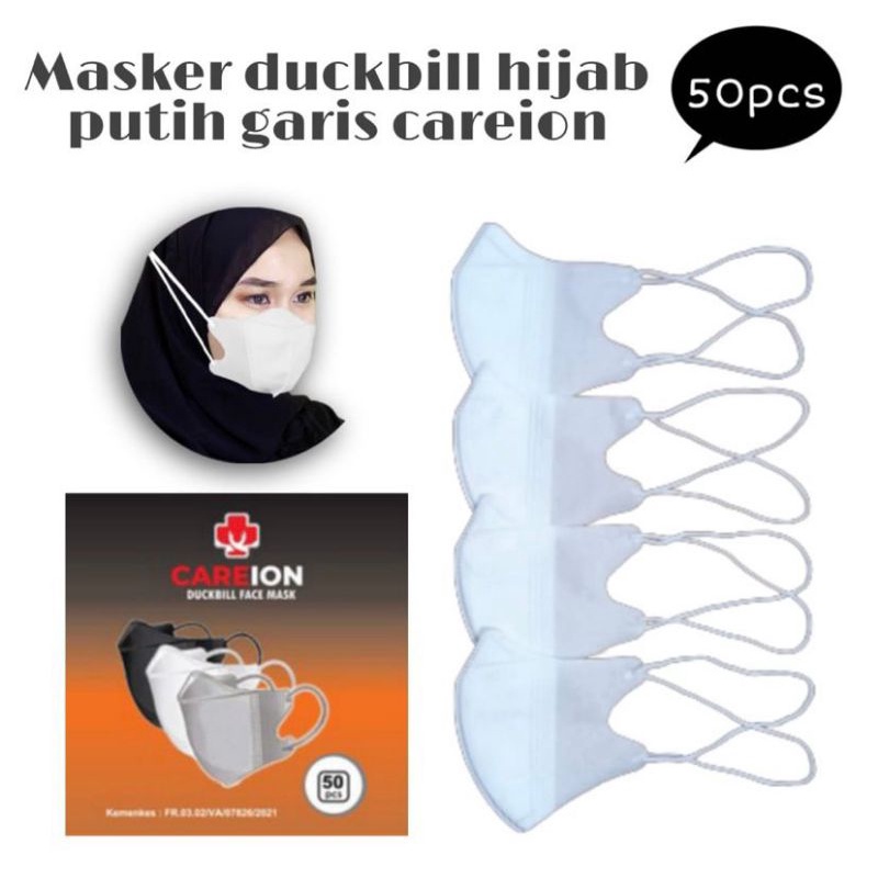 Masker duckbill hijab putih garis Careion isi 50 pcs