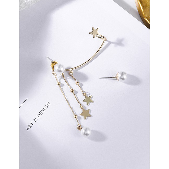 LRC Anting tusuk Fashion Golden Pentagram Tassel Pearl Ear Bone Earrings Integrated D78101