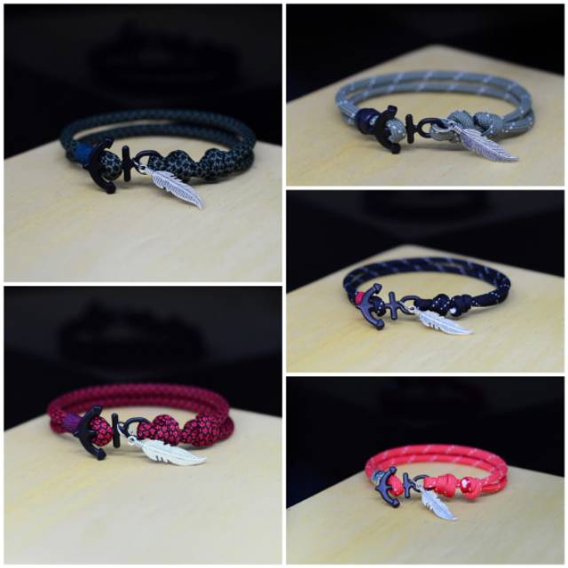 Gelang Pria Wanita Cewek Cowok Tali Paracord Prusik Jangkar Mini Murah Couple Premium Liontin Daun Silver