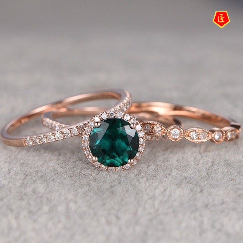 [Ready Stock]14K Rose Gold Micro-Inlaid Emerald Three-Piece Ring Set Elegant Graceful