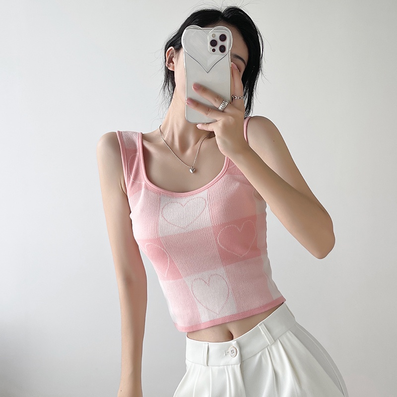 【Elegant】Checkered sleeveless Knit Crop Top 7486