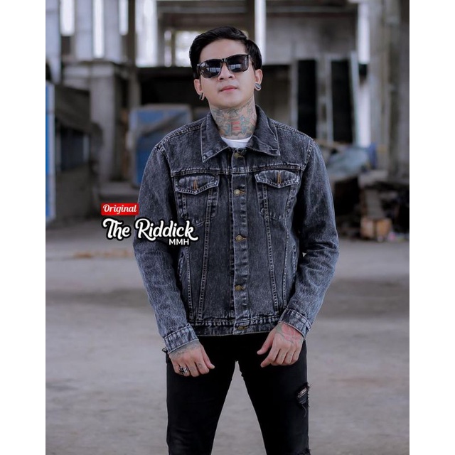 TURUN HARGA ! JAKET JEANS SANDWASH PRINTING PRIA THE RIDDICK / JAKET JEANS GAMBAR BELAKANG / JAKET DENIM MURAH