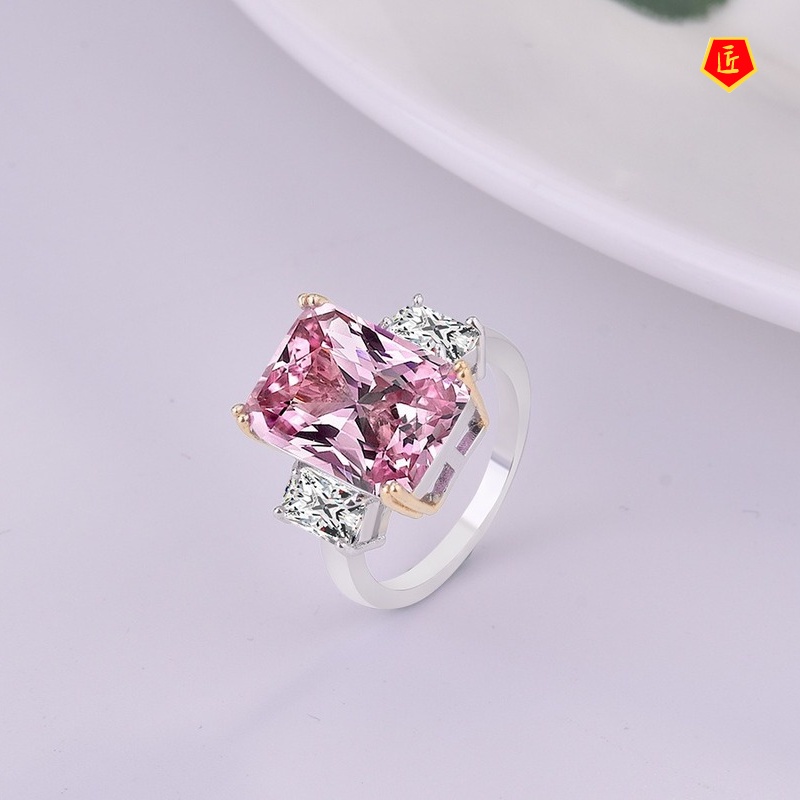 [Ready Stock]Pink Crystal Color Separation Square Diamond Ring Luxury and Elegant