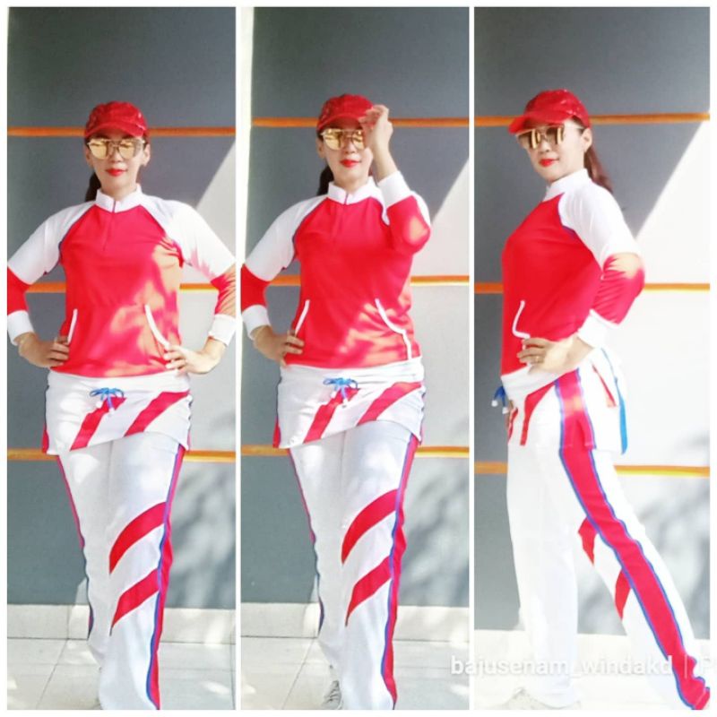 Baju Senam Muslim Setelan Merah  Putih/ Baju Olahraga muslim/Baju Zumba